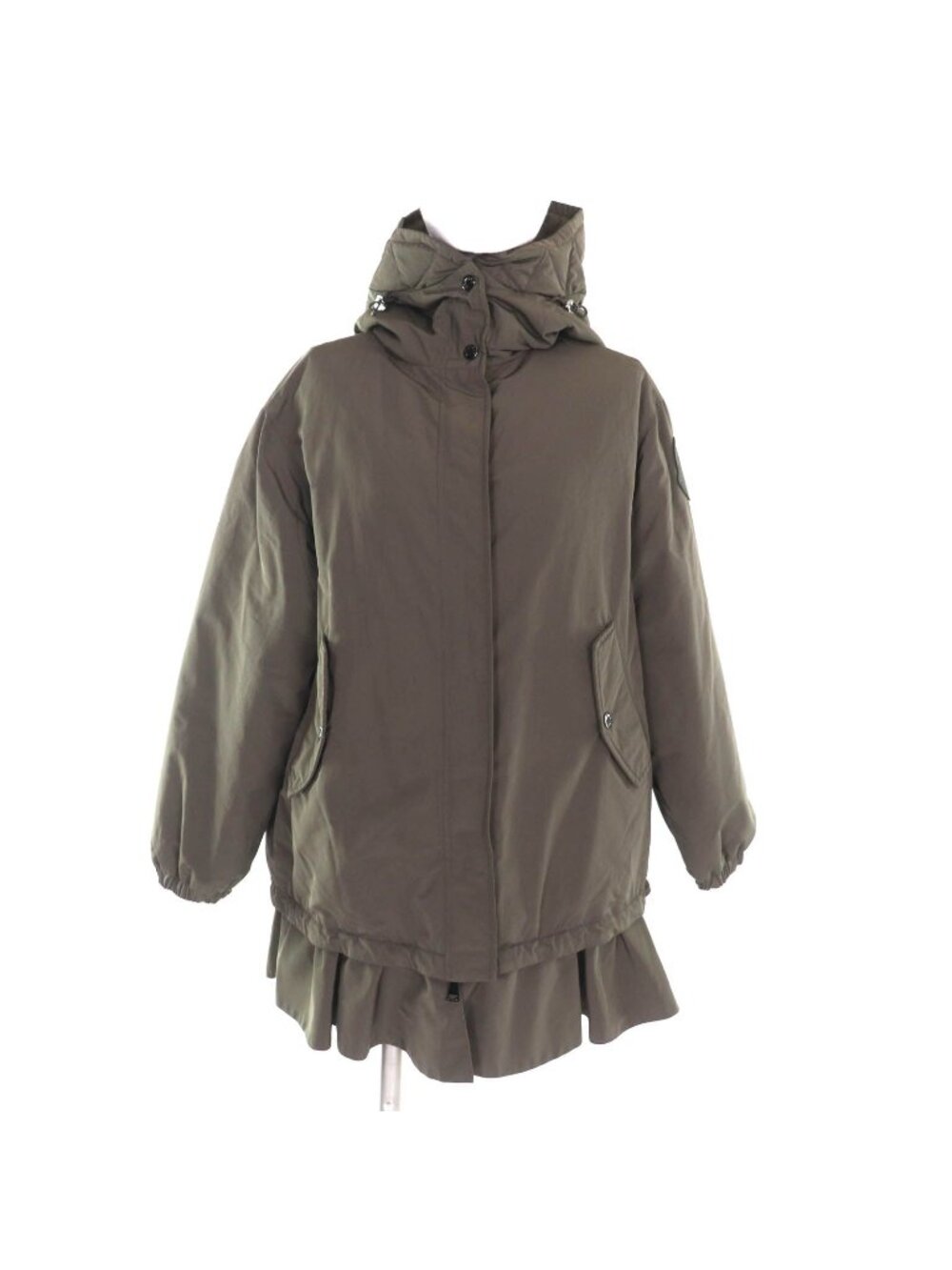 Moncler Hood Big Logo Patch Ruffled Hem Down Jacket Khaki 00